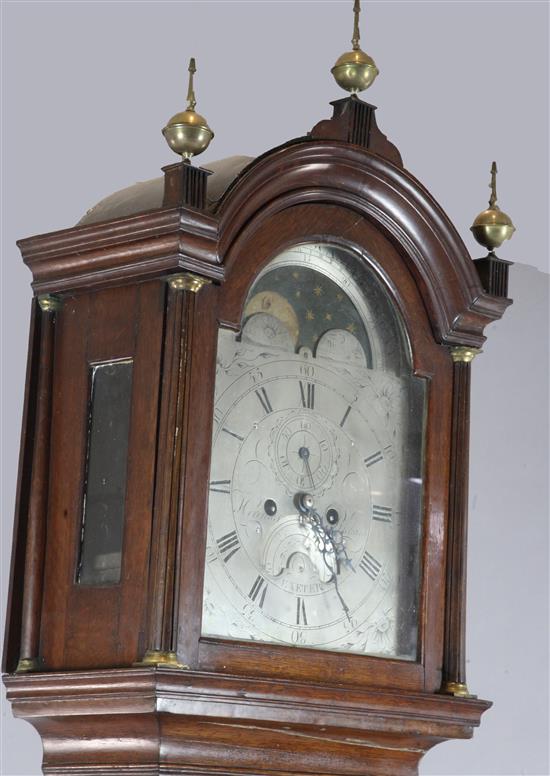 A late 18th century oak longcase clock, Hercules Rickard, Exeter, 7ft 8.25in.